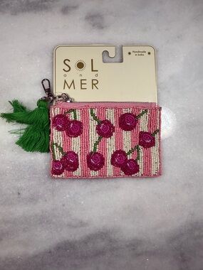 New Release Sol and Mer Cherry Striped Beaded Zippered Travel Pouch Wallet 🍒